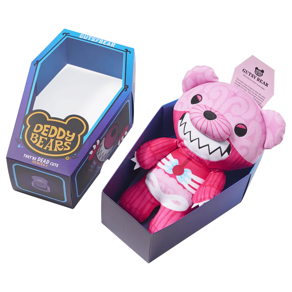 a pink teddy bear in a blue box