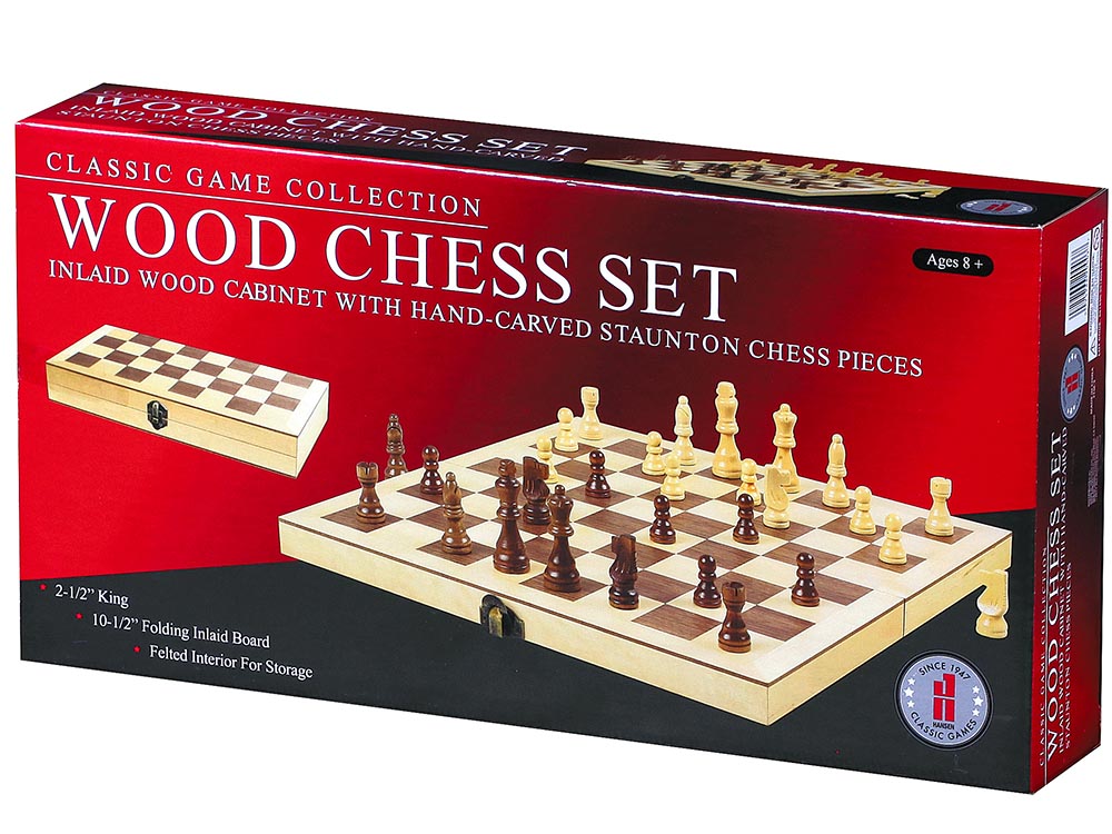 a wooden chess set in a box