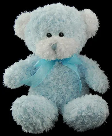 a blue teddy bear with a blue ribbon around its neck